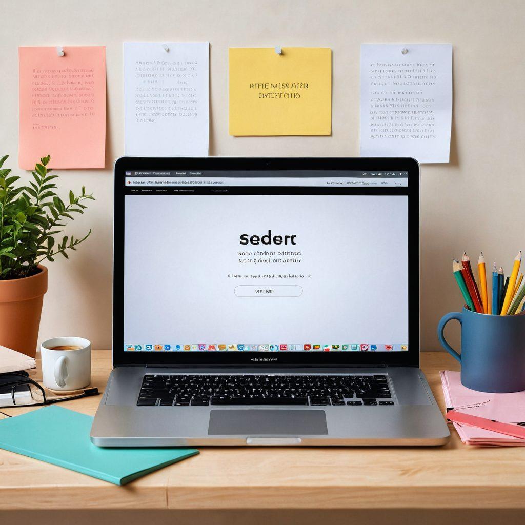 A serene workspace featuring a sleek laptop with vibrant online blog interfaces on the screen, surrounded by colorful stationery and a cup of coffee. Soft lighting illuminates the space, with a motivational quote about expression and creativity on the wall. A pair of hands gracefully typing on the keyboard, symbolizing effective communication. Bright and engaging colors with a modern aesthetic. super-realistic. vibrant colors. cozy atmosphere.