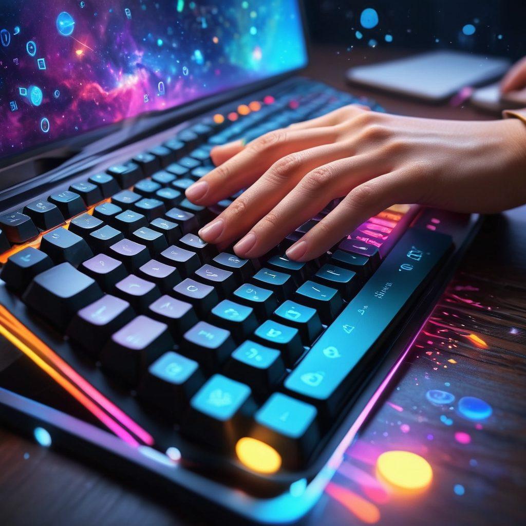 A close-up of a hands typing on a QWERTY keyboard, with bright letters illuminating from the keys, surrounded by digital content elements like floating text bubbles, pens, and ideas swirling around. The background features an abstract representation of digital landscapes and writing tools, conveying creativity and mastery. vibrant colors. super-realistic.
