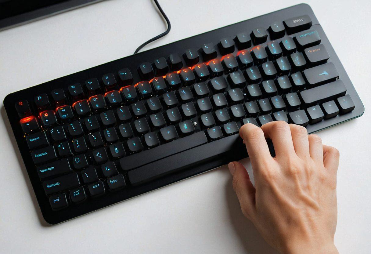 An open QWERTY keyboard with glowing keys, surrounded by floating text tips about typing techniques. In the background, a laptop is displaying a vibrant blog interface with a creative design, signifying engaging blogging. A burst of colors illustrates ideas and creativity flowing from the keyboard. super-realistic. vibrant colors. white background.